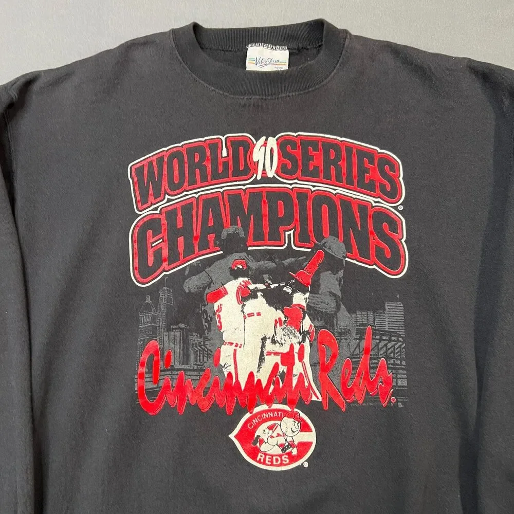 Vintage Cincinnati Reds Sweatshirt Adults Size XL Black Long Sleeve Velva Sheen